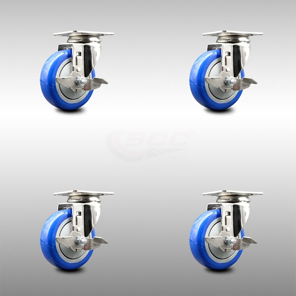 Service Caster 4 Inch 316SS Blue Polyurethane Wheel Swivel Top Plate Caster Set with Brake SCC SCC-SS31620S414-PPUB-BLUE-TLB-4 - main